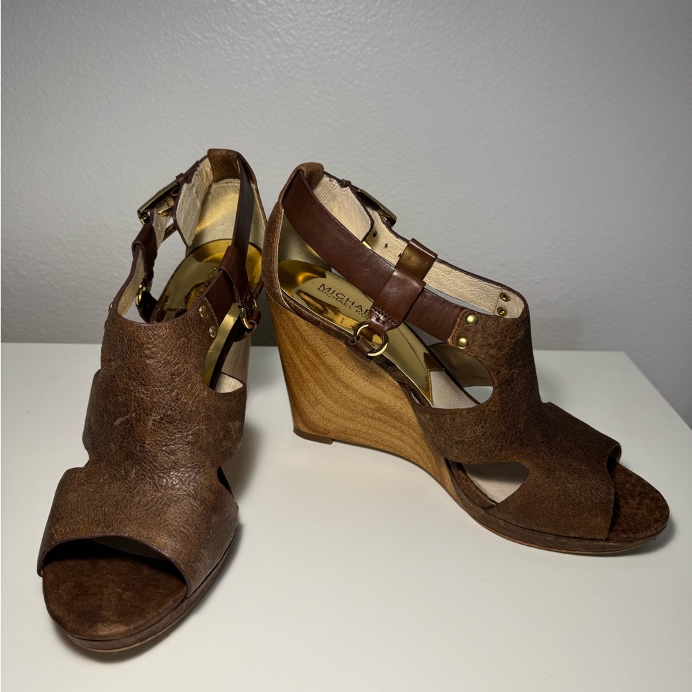 Michael Kors Brown Leather Wedge Sandals - Picture 2 of 5